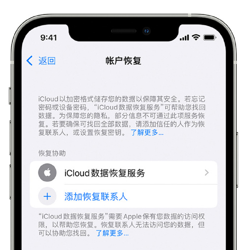 新宁苹果手机维修分享在 iPhone 上设置帐户恢复联系人的方法 